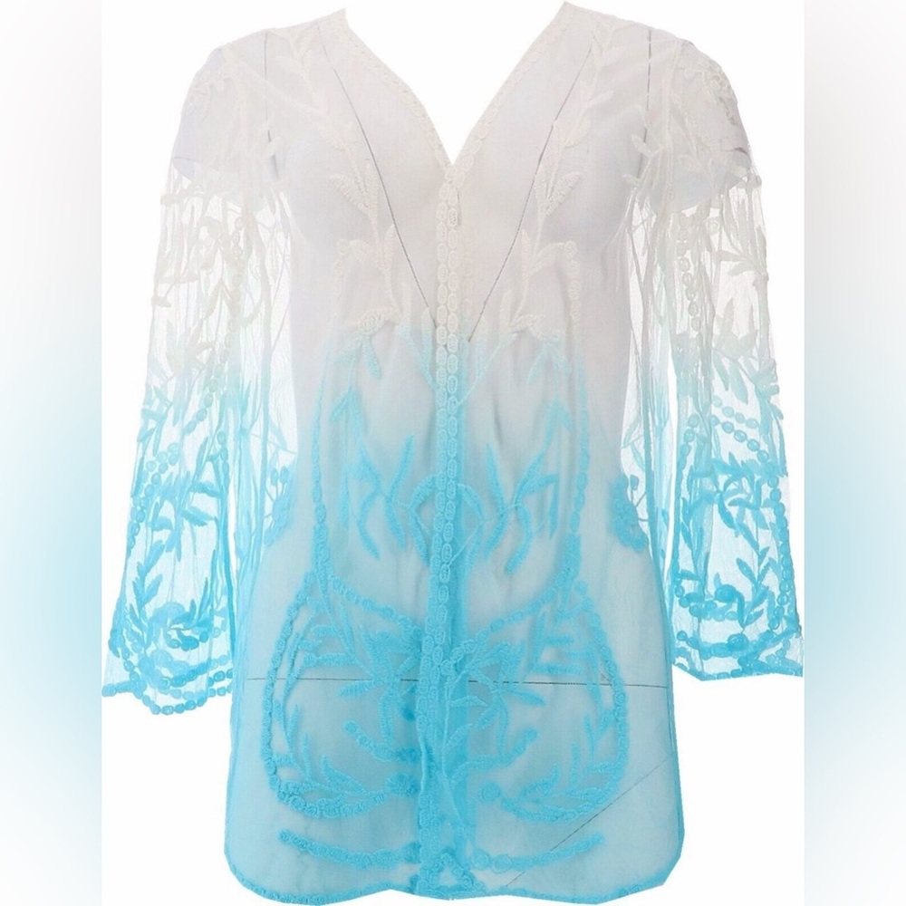 Nina Leonard White to Aqua Blue Ombre Embroidered Swim Coverup